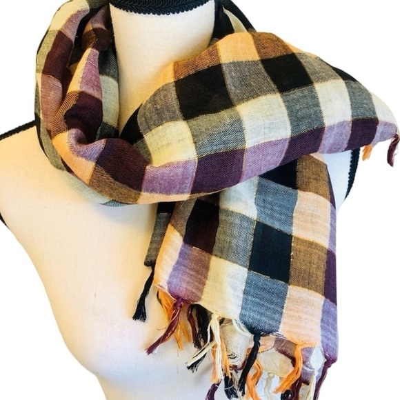 Forever 21 Accessories - Forever 21 Scarf Square Buffalo Check Ivory Black Orange Metallic Thread Fringed